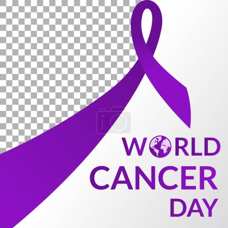 Illustration for Social Media Template for World Cancer Day in 4th February with purple ribbon and world map typography. Banner background Social Awareness and healthcare International Event - Royalty Free Image