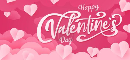 Ilustración de Happy Valentine's day poster banner design. paper cut clouds and heart on pink background. Papercut style for valentine sale header - Imagen libre de derechos
