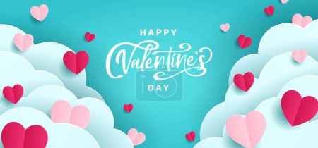 Téléchargez les illustrations : Happy Valentine's day poster banner design. paper cut clouds and heart background. Papercut style for valentine sale header - en licence libre de droit