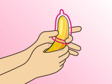 Illustration for Hands putting banana on condom illustration. cock on a pink background - Royalty Free Image
