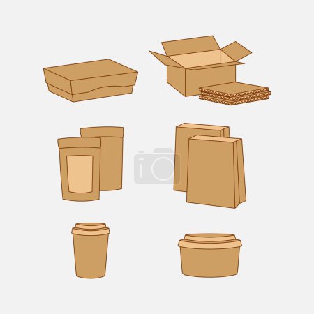 Ilustración de Conjunto de caja de embalaje de papel, caja corrugada, bolsa de pie, tazón de papel, taza y bolsa. Paquete ecológico - Imagen libre de derechos