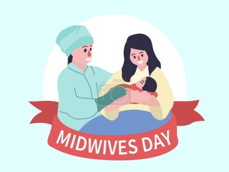 Illustration for International Day Of The Midwife Design. Midwives Day Illustration with midwives, mothers and her children after childbirth - Royalty Free Image