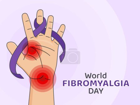 World Fybromyalgia Day Design with Hand and purple ribbon (en inglés). dolor corporal ilustración
