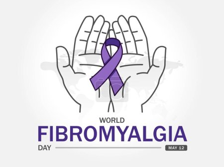 Ilustración de Día Mundial de la Fybromyalgia Ilustración con cinta de mano y púrpura para violencia, páncreas, esofágico, cáncer testicular, Alzheimer, epilepsia, lupus, sarcoidosis y fibromialgia - Imagen libre de derechos