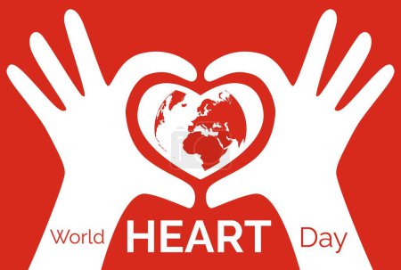 Illustration for Hands Shape Red Heart Over the World Map for World Heart Day on Red Background - Royalty Free Image
