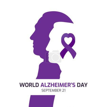 Illustration for World Alzheimer's Day Concept Design. Alzheimer awareness with silhouettes of old woman and man illustration. purple ribbon - Royalty Free Image