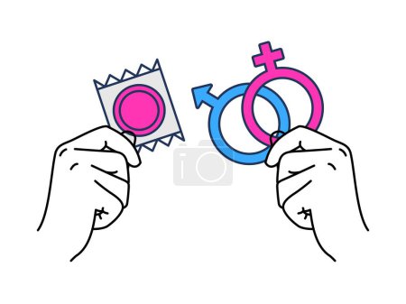 Illustration for World contraception day design, illustration of prevention with condoms. Hand holding condom package - Royalty Free Image