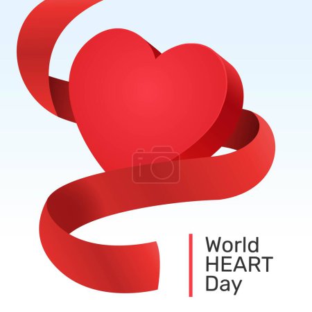 Illustration for World Heart Day design, realistic heart shape with red ribbon illustration - Royalty Free Image