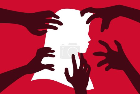 Illustration for Silhouette of woman, harassment vector illustration. hands of man touching hijab women. Violence against women, Workplace bullying concept. flat concept, text, blue, white, victim, sexual, rape - Royalty Free Image
