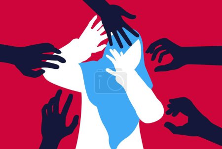 Téléchargez les illustrations : Silhouette de femme, illustration vectorielle de harcèlement. les mains d'un homme touchant des femmes hijab. Violence contre les femmes, concept d'intimidation en milieu de travail. flat concept, texte, bleu, blanc, victime, sexuel, viol - en licence libre de droit