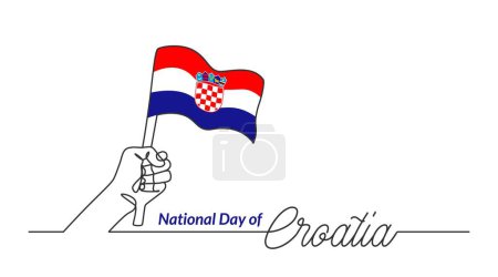 Illustration for Croatia flag with hand. Independence day vector banner, background, poster. One continuous line drawing illustration with lettering Croatia - Royalty Free Image