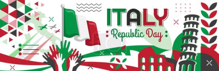 Illustration for Italy national day banner design. Republic day of italy or italia background design with map, flag, landmark. Italian green white red theme geometric abstract retro modern vector illustration (Italy: Festa della Repubblica Italiana) - Royalty Free Image