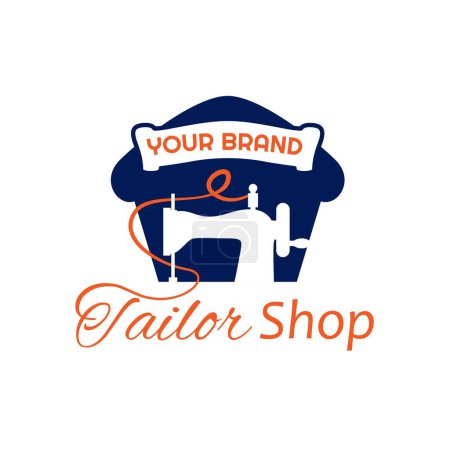 Illustration for Tailor Shop logo design with sewing machine and store house symbol - Royalty Free Image