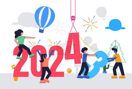 Illustration for People Illustration welcome for the New Year. All Get Ready and Working together for replaces 2023 to 2024 Vector. Year Changing Design - Royalty Free Image