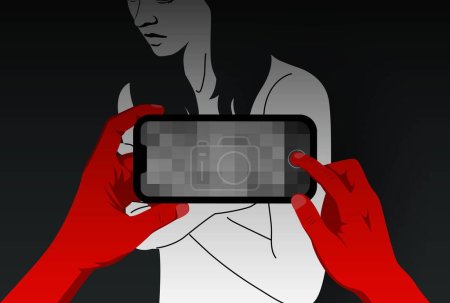 Illustration for Silhouette of woman, harassment vector illustration. online bullying, share privacy. Internet Violence against women, Workplace bullying concept. flat concept, victim, sexual, rape - Royalty Free Image