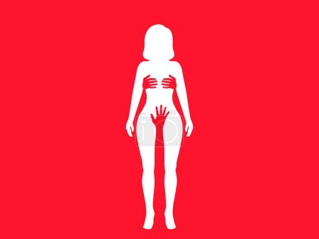 Illustration for Silhouette of woman, harassment vector illustration. hands of man touching women. Violence against women, Workplace bullying concept. flat concept, text, red, white, victim, sexual, rape - Royalty Free Image
