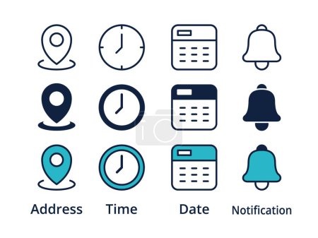 Illustration for Place, Time, Date and Notification line icons. Calendar, address location pointer and alarm bell. Notice alert, business schedule and office time clock. Location place, date reminder. Vector - Royalty Free Image