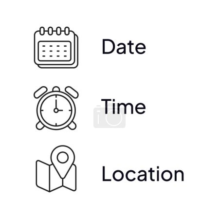 Ilustración de Set date, time and location Icons for graphic design.Isolated on a White Background. Illustration icon. - Imagen libre de derechos