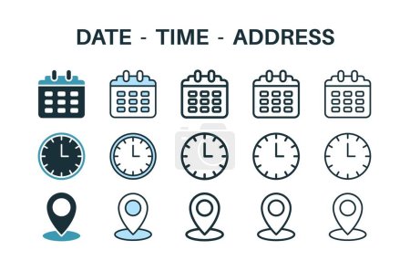 Illustration for Line icons about location, time and date. Contains such icons as clock, schedule, calendar and pin. Editable stroke Vector 256x256 pixel perfect - Royalty Free Image