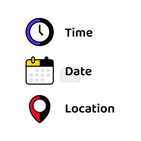 Téléchargez les illustrations : Symbole d'icônes de date, heure, adresse ou lieu - en licence libre de droit