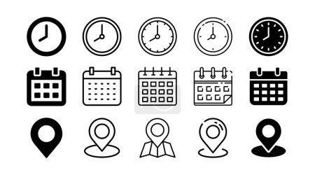 Ilustración de Iconos de hora, fecha y ubicación en diferentes formas - Imagen libre de derechos