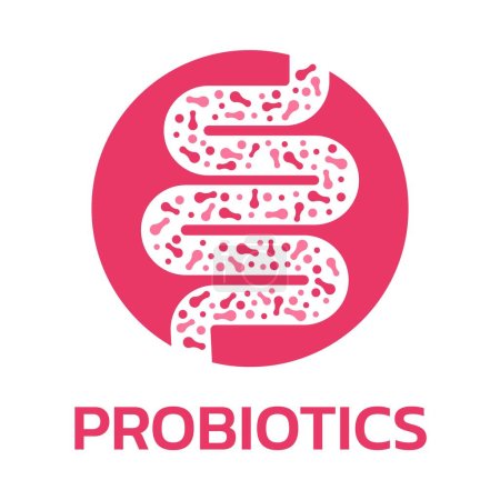 Illustration for Probiotics. Good bacteria and microorganisms for human health. Microscopic probiotics, good bacterial flora. Silhouette with healthy intestine in a light blue color. Vector - Royalty Free Image
