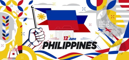 Ilustración de Diseño del banner del día nacional de Filipinas. Diseño del día de la independencia para Filipinas. Bandera filipina y mapa de fondo tema. Ilustración de formas retro geométricas abstractas modernas - Imagen libre de derechos