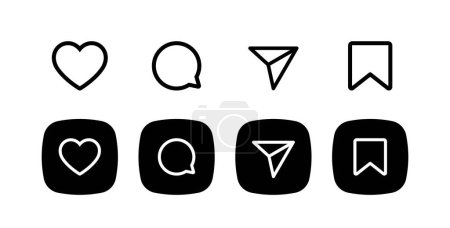 Set von allgemeinen Social-Media-Benutzeroberflächen-Symbolen. Symbole mögen, kommentieren, teilen und speichern. Social-Media-Ikone. Vektor