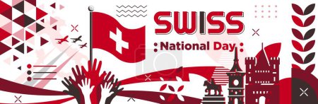 Illustration for Switzerland independence day banner design. National day of Swiss background design with map, flag, landmark. Swiss red white theme geometric abstract retro modern vector illustration - Royalty Free Image