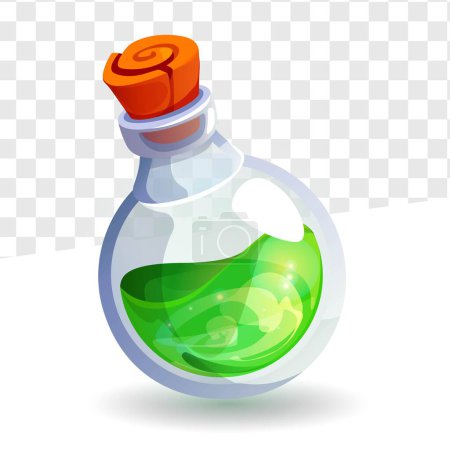 Téléchargez les illustrations : Bouteille de potion verte avec liège en bois et illustration vectorielle 3D en élixir magique - en licence libre de droit