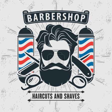 Illustration for Barbershop logo, poster or banner design concept with barber pole and bearded men. Vector illustration - Royalty Free Image