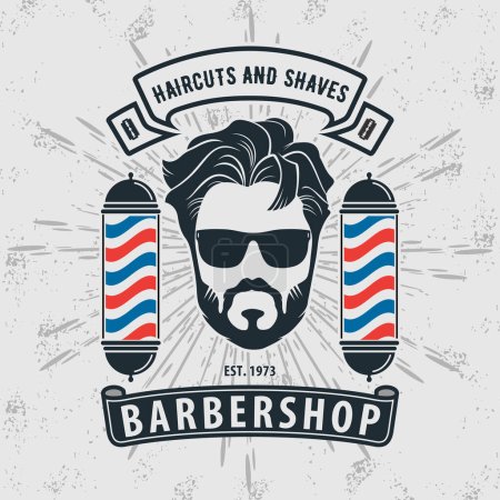 Ilustración de Logo de la barbería, cartel o concepto de diseño de pancartas con poste de barbero y hombres barbudos. Ilustración vectorial - Imagen libre de derechos