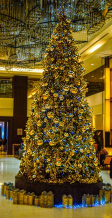 Photo for Blue Golden Christmas Tree Decoration with gift boxes. High quality photo - Royalty Free Image