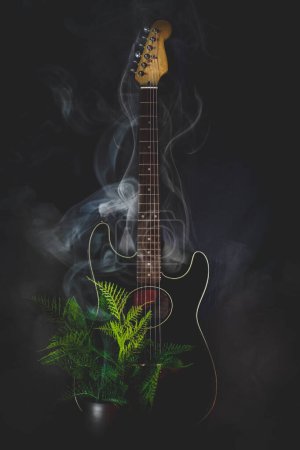 Téléchargez les photos : Guitares acoustiques électro atmosphériques Photos, Sur un fond noir foncé et un effet de fumée supplémentaire. - en image libre de droit
