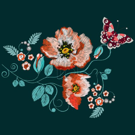 Illustration for Embroidered folk ornament of orange roses, butterfly and other wildflowers - Royalty Free Image