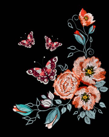 Foto de Adorno popular bordado de rosas naranja, mariposa y otras flores silvestres - Imagen libre de derechos