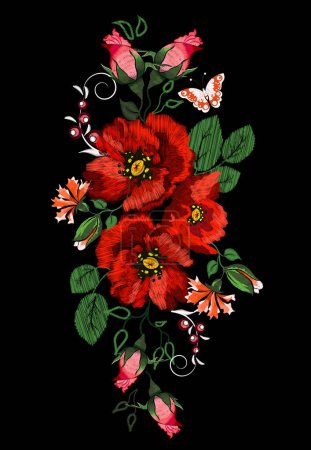 Illustration for Embroidered folk ornament of orange roses, butterfly and other wildflowers - Royalty Free Image