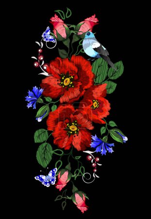 Foto de Adorno popular bordado de rosas naranja, mariposa y otras flores silvestres - Imagen libre de derechos