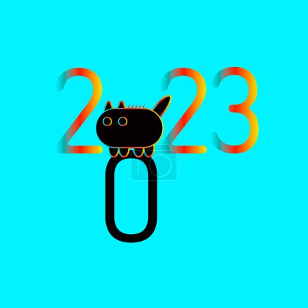 Illustration for 2023 year vector black motley, varicolored gradient cat cartoon illustration. Calendar animals. Poster cat lover. Psychedelic poster blue background design. Calendar bright new year. Style 70s. - Royalty Free Image
