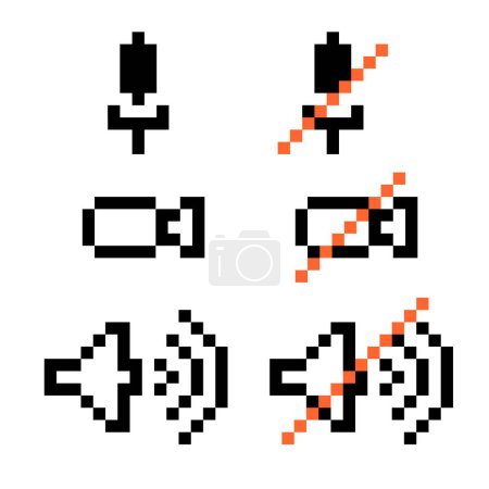 Illustration for Video conference pixel icon set. User interface mobile app, messenger buttons decline, answer, video on, off, volume. Videotelephony conversation vector sign. Retro computer game 8 bit design. - Royalty Free Image