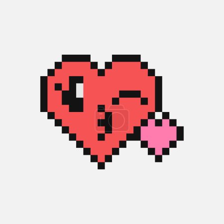 Illustration for Pixel style heart emoji. Face blowing a kiss vector illustration. 90s style emoticon. Red vintage love emoticons flat design with outline. Express love emotion. Pixelated retro game 8 bit design. - Royalty Free Image