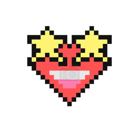 Illustration for Smile face with broad, open smile, showing upper teeth, stars for eyes. Pixel style emoji convey seeing a beloved celebrity. Vintage 90s style heart shaped emoticon. Pixelated retro game 8 bit design. - Royalty Free Image