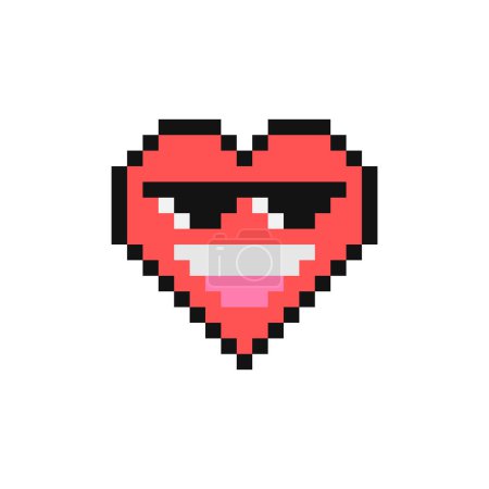 Téléchargez les illustrations : Visage souriant avec des lunettes de soleil tête emoji vecteur illustration. Pixel style emoji représente se sentir surpassé et cool. Style années 90 vintage émoticône en forme de coeur. Pixelated rétro jeu 8 bit design plat - en licence libre de droit