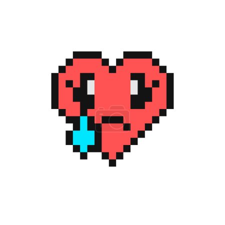 Sad but relieved face vector illustration. Pixel style emoji with tear, eyebrow sweat. Text message smile. Vintage 90s style heart shaped emoticon. Pixelated retro game 8 bit flat design with outline.