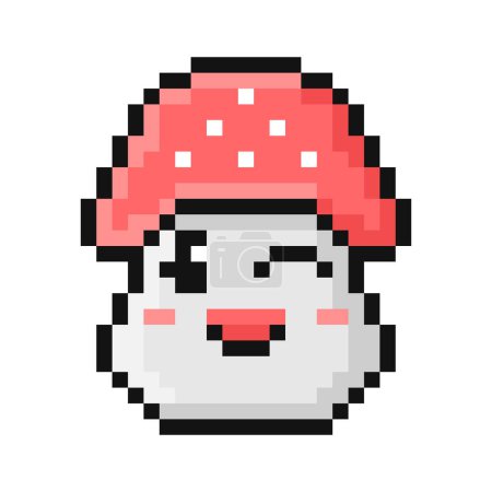 Illustration for Pixel style fly agaric mushroom. Cartoon funny winking fungi face. 90s retro video game aesthetic. Emoji convey joke, flirtation, playful. Pixelated vintage nostalgic 8 bit design. Perfect 64 pixel. - Royalty Free Image