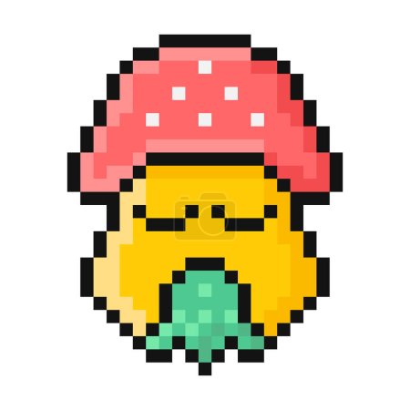 Illustration for Pixel style fly agaric mushroom illustration. Cartoon vomiting face. 90s retro video game aesthetic. Emoji represents disgust, food illness. Pixelated vintage nostalgic 8 bit design. Perfect 64 pixel. - Royalty Free Image