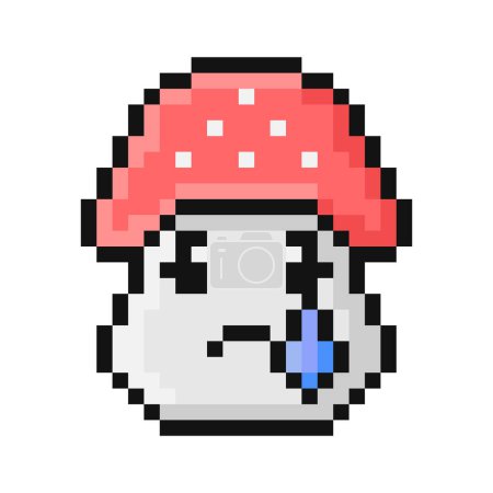 Illustration for Pixel style fly agaric mushroom illustration. Cartoon crying face with blue tear from one eye. 90s retro video game aesthetic. Emoji represents sadness, pain. Pixelated vintage nostalgic 8 bit design. - Royalty Free Image