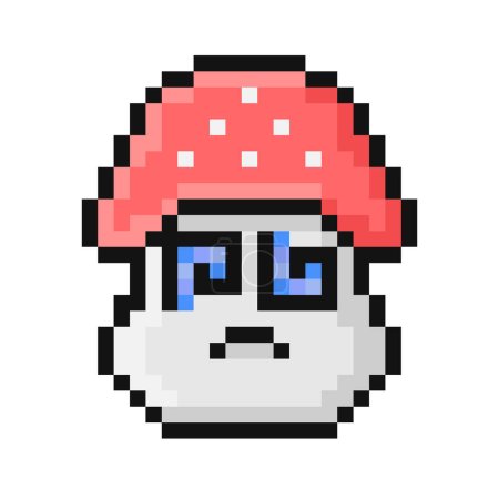 Pixel style fly agaric mushroom illustration. Cartoon face with spiral eyes. Emoji to indicate dizziness, hypnosis, disorientation. Pixelated vintage nostalgic 8 bit design. 90s retro video game.