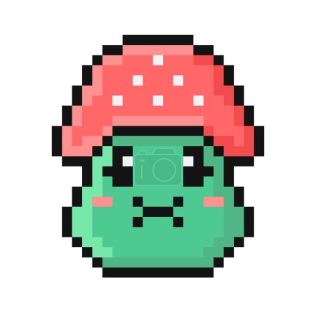 Pixel style fly agaric mushroom illustration. Cartoon green nauseated face. Emoji represent physical illness, disgust, sick, vomit. Pixelated vintage nostalgic 8 bit design. 90s retro video game.