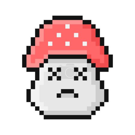 Pixel style fly agaric mushroom illustration. Cartoon face with X for eyes. Emoji with crossed-out eyes convey shock, death, dead. Pixelated vintage nostalgic 8 bit design. 90s retro video game.